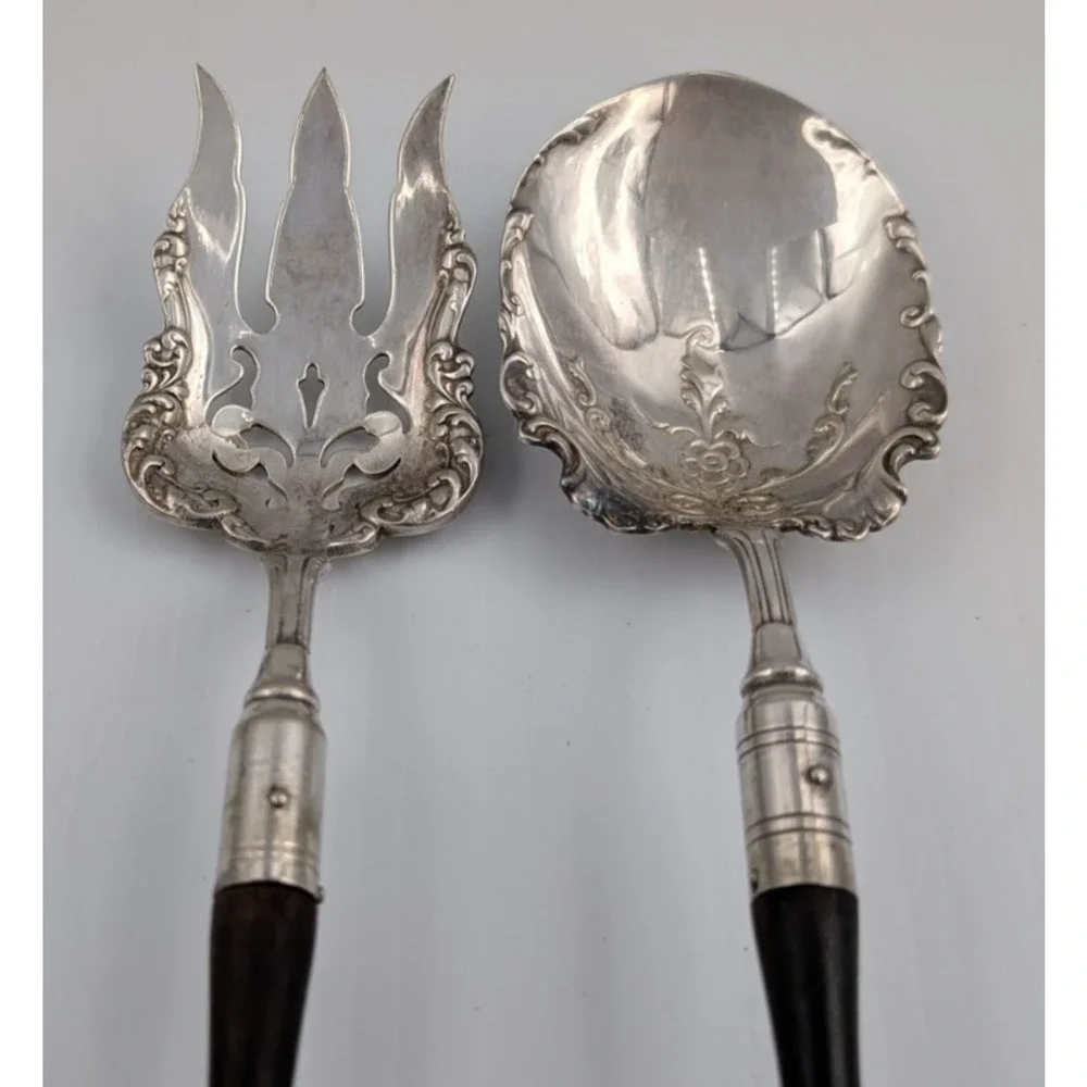 Silverplate Salad Fork & Spoon Set Ornate Vintage Wood Handles by M.B. & Co